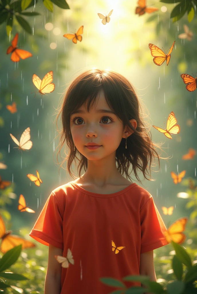 "Generate an image of a poor, innocent-looking human child with a sorrowful expression. The child is looking through the bars of a cage that contains colorful butterflies fluttering inside. The contrast between the vibrant butterflies and the child's sad, longing gaze should be emphasized. The background should be muted and dimly lit to highlight the emotional intensity of the scene."
