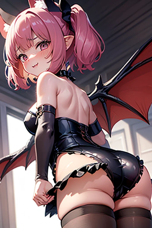 (masterpiece,best quality,ultra-detailed), an anime naughty and sweet succubus. She has candy pink m-shaped bangs short hair with twin ponytails, ruby sweet round eyes, fruit bat ears and wings, wearing a leotard with ruffle hem succubus attire, stirrup pantyhose, standing backward, rear view, butt focus, face turning around, face in a naughty expression, looking at the viewer