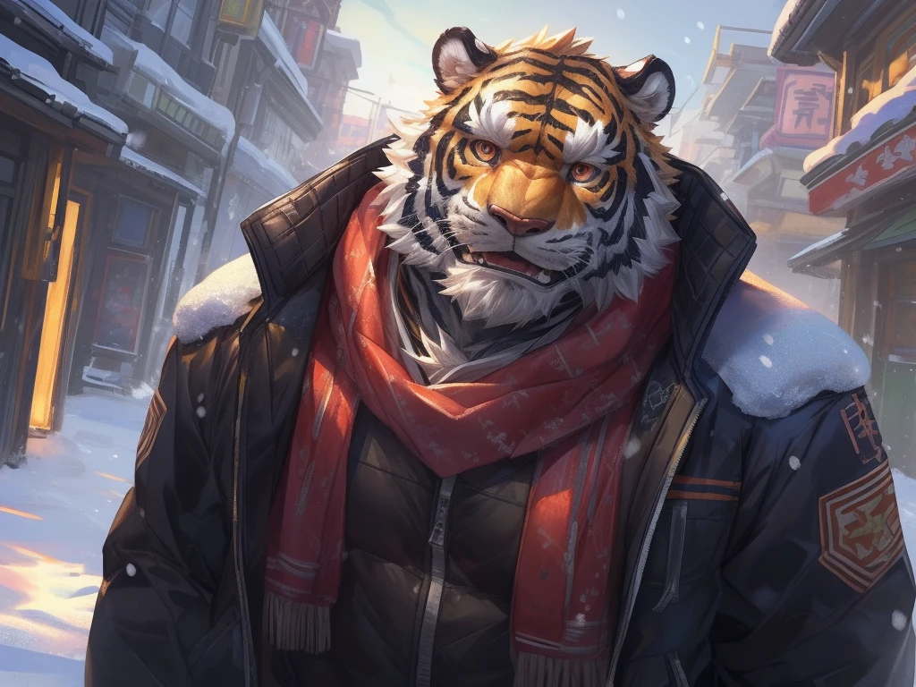 by_lindong, digital art, masterpiece, solo, 1boy, 1man, Huge muscular tiger, snow, fur jacket, old, bearded, tokyo city, cute, cute expression, focus eyes, detailed ,detailed muscle, background