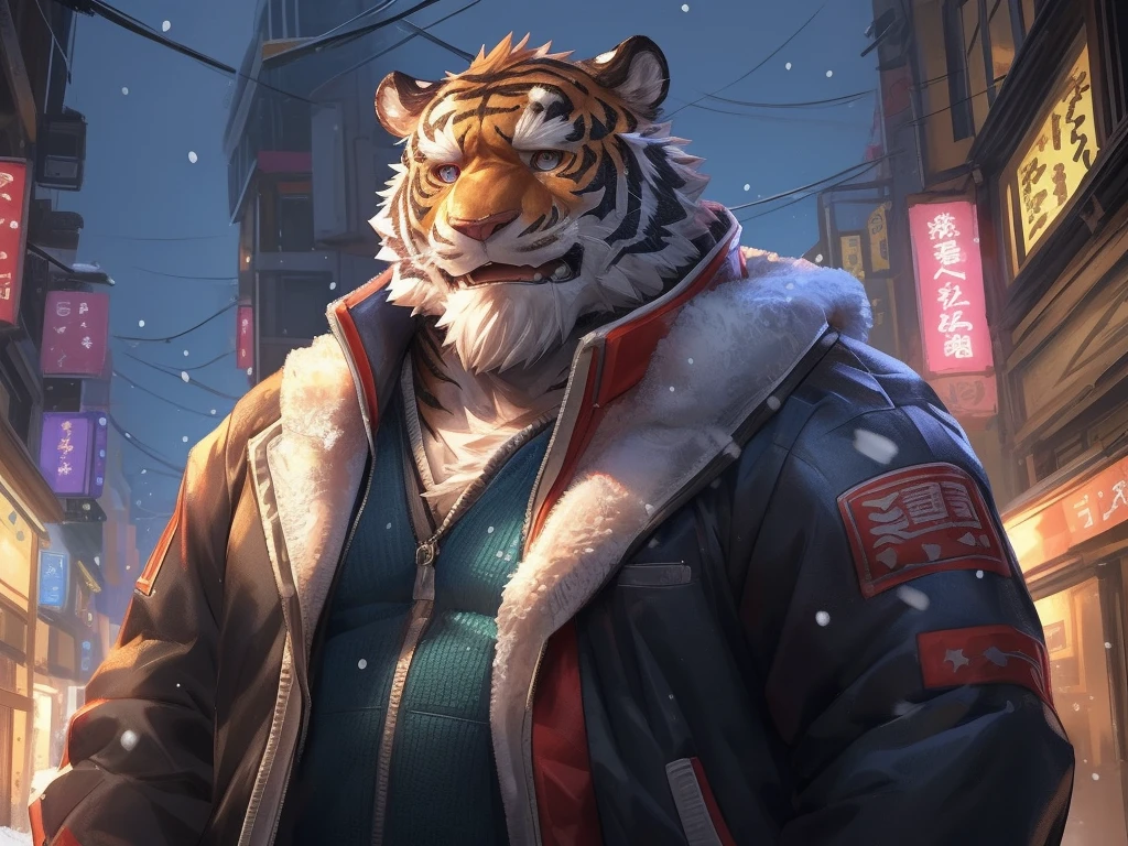 by_lindong, digital art, masterpiece, solo, 1boy, 1man, Huge muscular tiger, snow, fur jacket, old, bearded, tokyo city, cute, cute expression, focus eyes, detailed ,detailed muscle, background