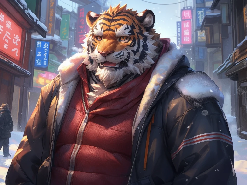 by_lindong, digital art, masterpiece, solo, 1boy, 1man, Huge muscular tiger, snow, fur jacket, old, bearded, tokyo city, cute, cute expression, focus eyes, detailed ,detailed muscle, background