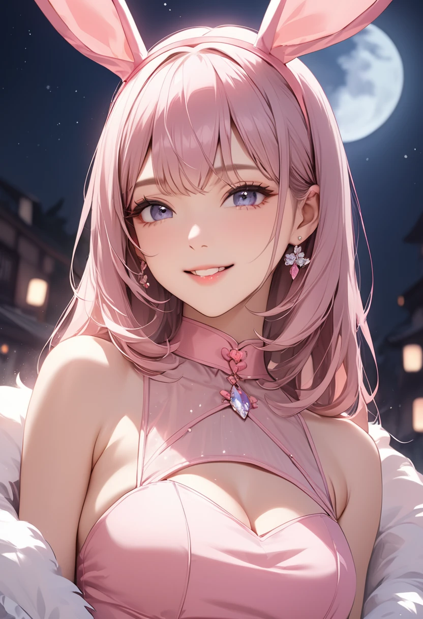 Very detailed CG Unity 8K wallpaper, Cute One lady, Mature pink hair、lady ,beautiful lady, pale skin (Super masterpiece, Beautiful person, well detailed face polluted smile, Photorealistic, hyper realisitic), Colorful winter kimono in pink and white colors、(white fur)、Japanese Style Hair Accessories、smile、Japanese background with light pink flowers and snow、Portrait、(pink eye)、(flat chest:1.2)、(Glowing Skin:1.7)、Detailed eyes、Big eyes、Open your mouth、Hide your arms