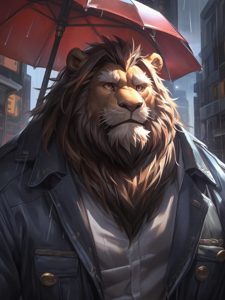 by_lindong, digital art, masterpiece, solo, 1boy, 1man, Huge muscular lion, rainy, rain, umbrella, old, bearded, urban city, cute, cute expression, focus eyes, detailed ,detailed muscle, background