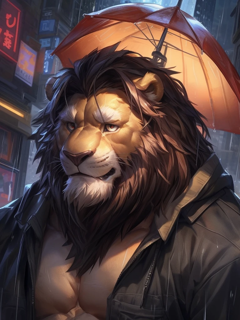 by_lindong, digital art, masterpiece, solo, 1boy, 1man, Huge muscular lion, rainy, rain, umbrella, old, bearded, urban city, cute, cute expression, focus eyes, detailed ,detailed muscle, background