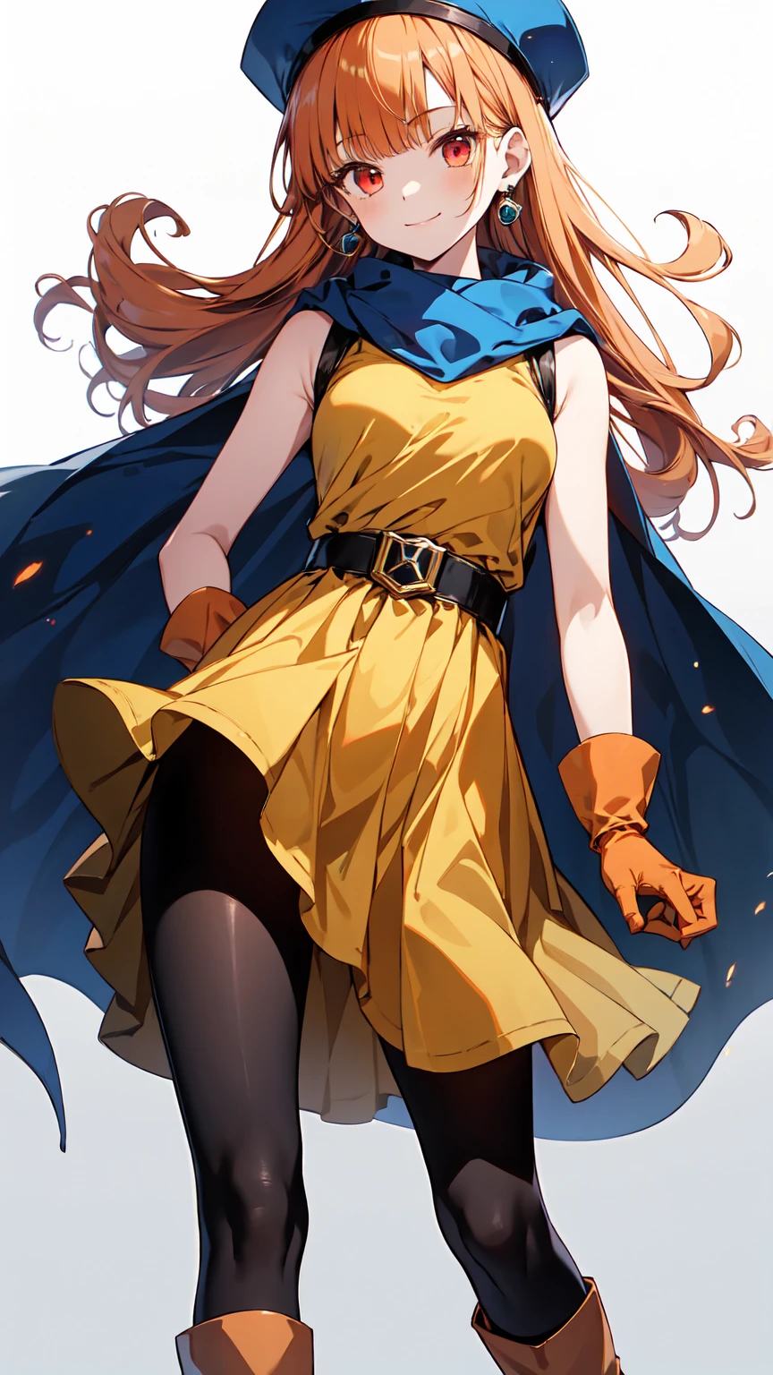 Arena-dq4, DQ4 Arena,Black Pantyhose,Blue Cape,Blue hat,boots,Curly Hair,Earrings,Long Hair,Orange gloves,Orange Hair,Red eyes,Sleeveless,Yellow Dress,Yellow Skirt, 1 girl, alone, Face-to-face audience, ["Gazing at the viewer, smile