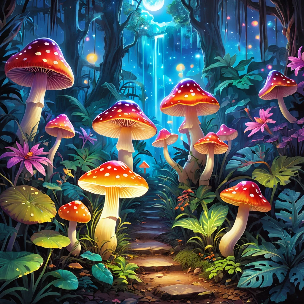 (((tmasterpiece))), (((Best quality at best))), ((intricately details)), ((Hyper-realistic)), ((1 transparent glowing mushroom, solo, Colorful transparent luminous plastic)), (Starry sky and nebula, A mysterious dreamy forest，Dense trees，Weird and cute glowing mushrooms，magicle world，Charming dreamy mushroom jungle under the moonlight, waterfallr, and luminous creatures soaring in the night, Exotic flowers and plants are blooming，Enchanting dream jungle background in moonlight，The picture is spectacular), beatiful background, Light particles, suns rays, dramatic lights, Film lighting, (midynight), (irregular), (mistic), (absurd res), dream-like, Disney, T-shirt design, Vector,number art, psychedelic theme, vivd colour, Saturated color, tranzp, PEIceSculpture, colorful