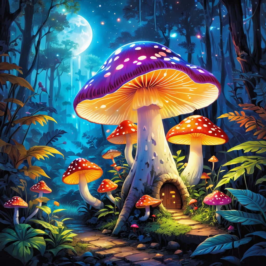 (((tmasterpiece))), (((Best quality at best))), ((intricately details)), ((Hyper-realistic)), ((1 transparent glowing mushroom, solo, Colorful transparent luminous plastic)), (Starry sky and nebula, A mysterious dreamy forest，Dense trees，Weird and cute glowing mushrooms，magicle world，Charming dreamy mushroom jungle under the moonlight, waterfallr, and luminous creatures soaring in the night, Exotic flowers and plants are blooming，Enchanting dream jungle background in moonlight，The picture is spectacular), beatiful background, Light particles, suns rays, dramatic lights, Film lighting, (midynight), (irregular), (mistic), (absurd res), dream-like, Disney, T-shirt design, Vector,number art, psychedelic theme, vivd colour, Saturated color, tranzp, PEIceSculpture, colorful