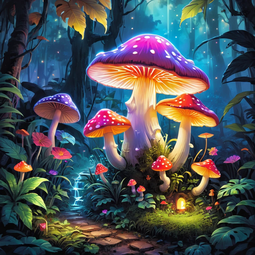 (((tmasterpiece))), (((Best quality at best))), ((intricately details)), ((Hyper-realistic)), ((1 transparent glowing mushroom, solo, Colorful transparent luminous plastic)), (Starry sky and nebula, A mysterious dreamy forest，Dense trees，Weird and cute glowing mushrooms，magicle world，Charming dreamy mushroom jungle under the moonlight, waterfallr, and luminous creatures soaring in the night, Exotic flowers and plants are blooming，Enchanting dream jungle background in moonlight，The picture is spectacular), beatiful background, Light particles, suns rays, dramatic lights, Film lighting, (midynight), (irregular), (mistic), (absurd res), dream-like, Disney, T-shirt design, Vector,number art, psychedelic theme, vivd colour, Saturated color, tranzp, PEIceSculpture, colorful