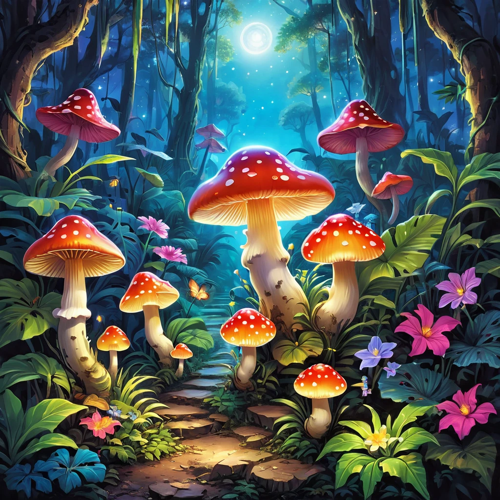 (((tmasterpiece))), (((Best quality at best))), ((intricately details)), ((Hyper-realistic)), ((1 transparent glowing mushroom, solo, Colorful transparent luminous plastic)), (Starry sky and nebula, A mysterious dreamy forest，Dense trees，Weird and cute glowing mushrooms，magicle world，Charming dreamy mushroom jungle under the moonlight, waterfallr, and luminous creatures soaring in the night, Exotic flowers and plants are blooming，Enchanting dream jungle background in moonlight，The picture is spectacular), beatiful background, Light particles, suns rays, dramatic lights, Film lighting, (midynight), (irregular), (mistic), (absurd res), dream-like, Disney, T-shirt design, Vector,number art, psychedelic theme, vivd colour, Saturated color, tranzp, PEIceSculpture, colorful