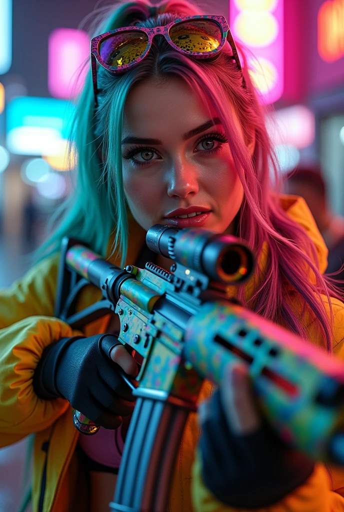 there is a woman in a costume holding a rainbow assault riffle and a bag, in cyberpunk style, in style of apex legends, cyberpunk style color, cyberpunk color scheme, muted cyberpunk style, cyberpunk colorful rainbow streetwear, cyberpunk futuristic neo, neon operator, cyberpunk character, cyberpunk vibrant colors, style of cyberpunk, cyberpunk colors, in cyber punk 2077, cyber style, rainbow hair, mismatched pupils, makeup, licking lips, raised eyebrow, Hyperrealism, ray tracing, depth of field, wide shot, UHD, 8k, award winning