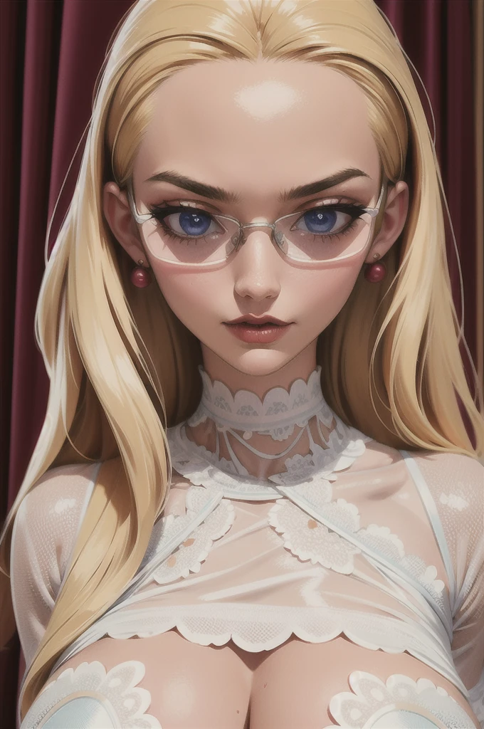 ​masterpiece, (Ultra detailed background, delicate pattern, complicated details), (Very detailed, fine details), best quality, beautiful lighting, (((big boobs, slim girl))), (portrait, face shot),  KalifaV2, 1 girl, alone, blond hair, Long hair, (Glasses), blue eyes, jewellery, ear rings, complex detailed background, sexy Pose, NUDE, nsfw, hole body 