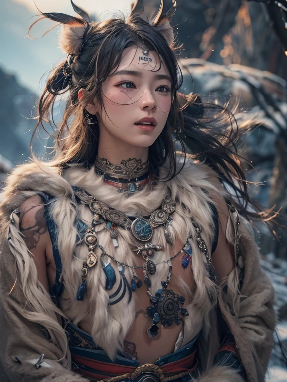 Hiding in the snowy mountains、Hair Flow、 ((Highest quality、masterpiece、8k、Best image quality、Ultra-high resolution、Award-winning works)、(Accurate anatomy:1.1)、(Look at me and smile:1.1)、Shining fair skin with Ultra-high resolution、The most detailed face、Ultra-high resolution detailed face、Ultra-high resolutionの髪の毛、(Ultra-high resolutionの煌めく瞳:1.1)、Beautiful face drawn in every detail、(Blurred Background:1.1)、Ancient Inuit clothing, Chest to chest, tattoo, Old ruins in the background、he'that'big, You have a real hawk on your shoulder..