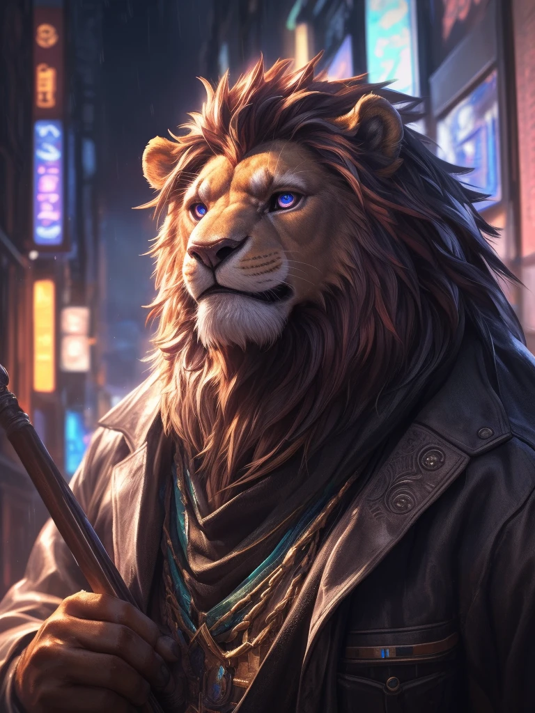 a huge muscular lion man holding an umbrella in a rainy urban city, beautiful detailed eyes, beautiful detailed lips, extremely detailed eyes and face, long eyelashes, cute expression, detailed muscle, best quality,4k,8k,highres,masterpiece:1.2,ultra-detailed,(realistic,photorealistic,photo-realistic:1.37),HDR,UHD,studio lighting,ultra-fine painting,sharp focus,physically-based rendering,extreme detail description,professional,vivid colors,bokeh,digital art,solo,by_lindong