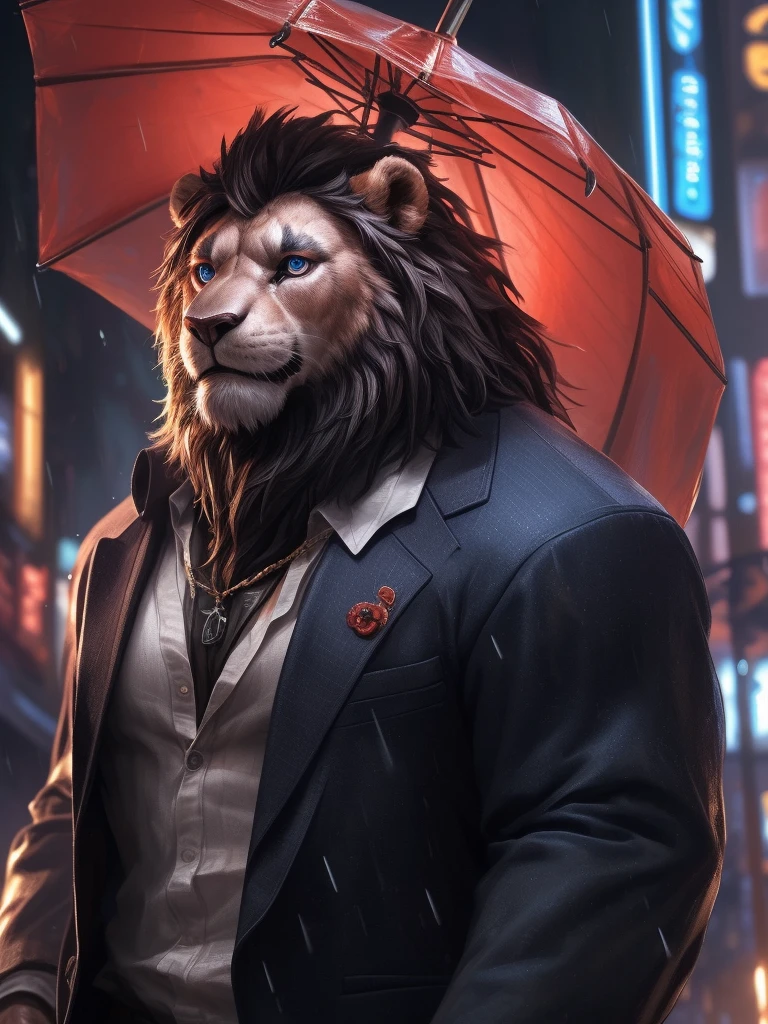 a huge muscular lion man holding an umbrella in a rainy urban city, beautiful detailed eyes, beautiful detailed lips, extremely detailed eyes and face, long eyelashes, cute expression, detailed muscle, best quality,4k,8k,highres,masterpiece:1.2,ultra-detailed,(realistic,photorealistic,photo-realistic:1.37),HDR,UHD,studio lighting,ultra-fine painting,sharp focus,physically-based rendering,extreme detail description,professional,vivid colors,bokeh,digital art,solo,by_lindong