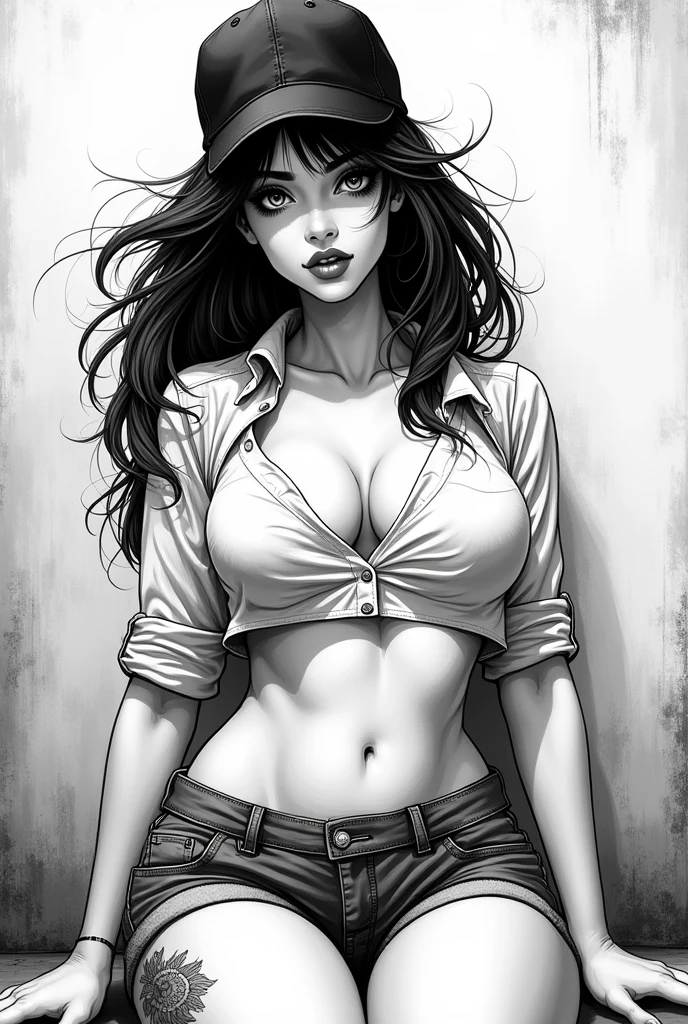 1girl, solo, (gorgeous woman) is a very sexy bimbo, light blue eyes, detailed eyes, topless, massive fake breasts, fake , plastic surgery, boob job, huge breasts, oversized , detailed areola, thick nipples, detailed nipples, cylinder shaped nipples, hourglass body, firm thighs, toned body, firm butt, detailed vagina, butterfly labia, camel toe, full lips, glossy lips, hyper feminine, long blond hair, parted on the side, smooth skin, leather choker with heart shaped pendant, White girl, fully naked, line art,