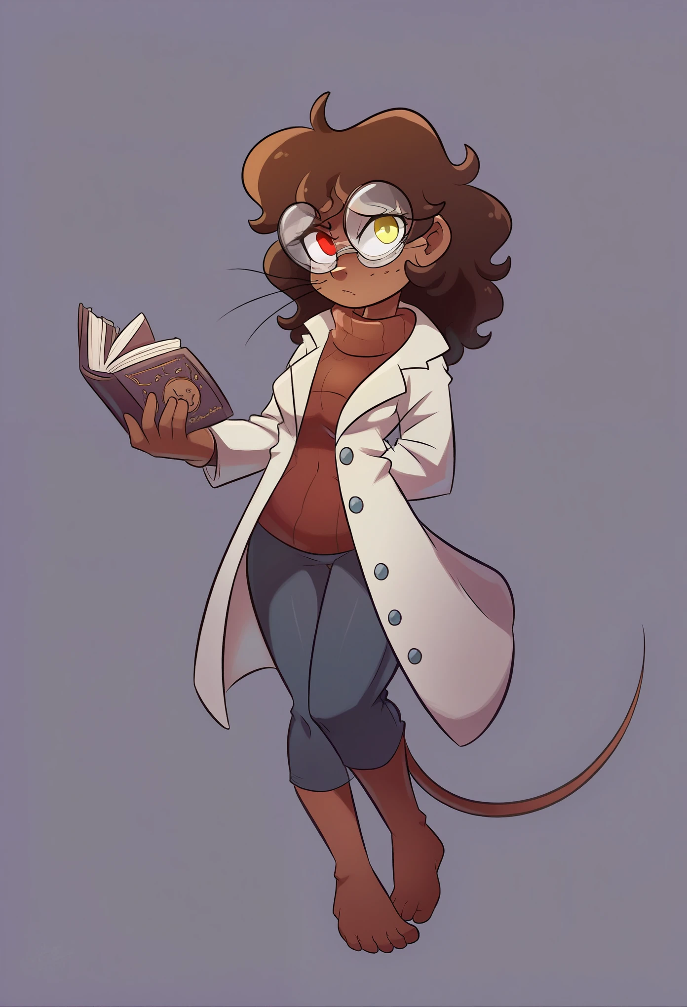 A smart and nerdy, yet cute young woman with dark chocolate brown skin stands confidently while holding a book. She is dressed in a delicate lab coat that drapes over a red undershirt, creating a subtle but vibrant contrast. Her face is framed by soft, slightly wavy hair, and she wears a pair of adorable round glasses, enhancing her intelligent appearance. Her eyes exhibit striking heterochromia, with one eye being a bright amber and the other a deep ocean blue. Adding to her unique charm, she has soft, mouse-like ears peeking through her hair, a slender tail playfully swaying behind her, and subtle whiskers on her cheeks. She exudes a vibe of curiosity and intellect, her posture relaxed but engaged, as if she's always ready to dive into her next scientific discovery. detailed face, extremely detailed eyes, masterpiece, 4k, 8k, high-res, ultra-detailed, physically-based rendering, vivid colors, studio lighting cinematic lighting, dramatic lighting, dramatic composition, dynamic pose, volumetric lighting, Nice ass, B-cups, Cute breasts, shapely figure, Serious expression, glowing eyes, freckles, Full Body