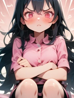 erere, idolmaster, idolmaster_shiny_colors, 1girl, smile, eyes, eyelashes, rating:_Explicit, 1girl, sitting, black_shirt, hotpants, black_hair, long_hair, masterpiece, best_quality, great_quality, looking_at_viewer, purple_eyes, facing_viewer, hetero, solo, full_body,