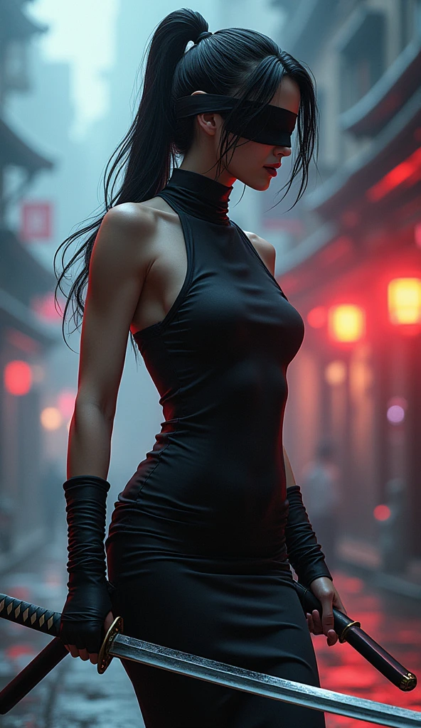 1girl, assassin dress, katana, 3d painting, 1 blindfold, (best quality,4k,8k,highres,masterpiece:1.2),ultra-detailed,(realistic,photorealistic,photo-realistic:1.37),vibrant colors,dramatic lighting,intricate details,cinematic composition,atmospheric,moody,fantasy,action