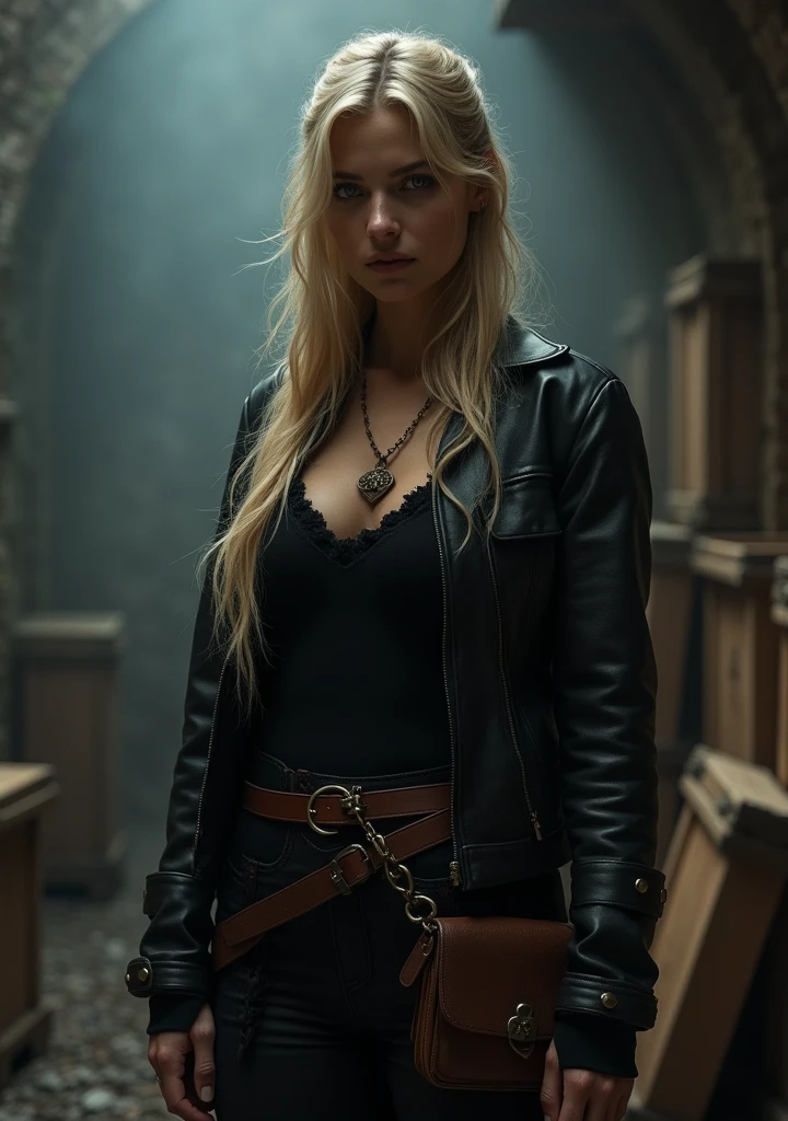 (8k, RAW photo, highest quality), (epic realistic:1. 7), 20years old beautiful ukrainian girll with very long straight platinum blonde hair, full lips and gentle look, very light white skin. Dressed with tight black medieval leather dress (highest quality face), (best shadow), intricate details, cinematic, detailed, dynamic shadows, in a dark cavern dungeon with some stone cat statue