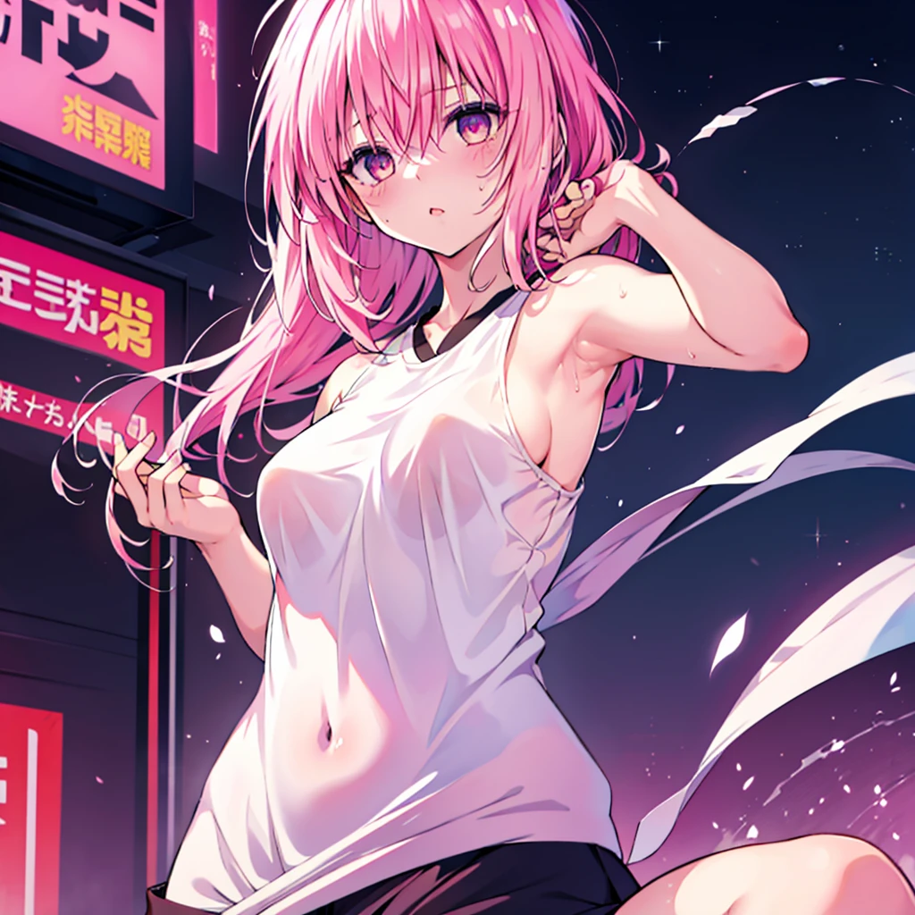 species(to love ru), 比基尼, Emphasizes body lines, One girl, Healthy painting, front, , Sweaty, spread armpit, Pink Hair, Anatomically correct, One girl, 独奏, look at, Sexy pose,