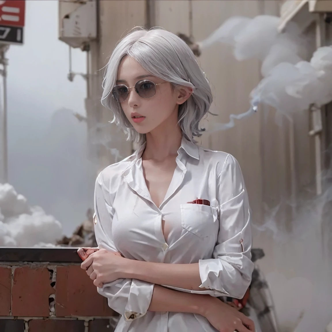 big breast,silver hair,short hair,20 years old white woman,posing,(location is filthy town,a lot of zombies),night,wet,sweat,one woman,(woman full body shot:1.4),masterpiece,8k,realistic,perfect anatomy,sexy posing,(white unbutton shirt:1.4),(sfw:1.4),(sunglasses:1.4),(smoke a cigarette:1.4),(spurt of blood:1.4),(woman have a gun:1.3),