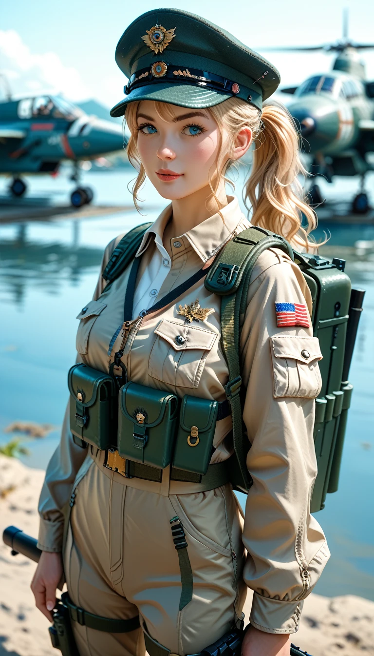 (masterpiece), best quality, (anime fantasy style drawing of high technology and magic in wwii), a beautiful military woman with long wavy blonde hair wearing military gear, military cap, a high-tech backpack with an energy core in the center of it, jet boots, tactical ballistic vest, holograms around her with graphics and markings, bolt-action rifle, expressive and mischievous eyes, perfect face, hourglass body, flyingsuit, battlecutter, hat, gun sling, ponytail
