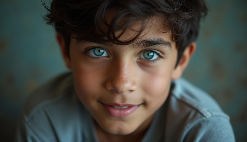 A toddler boy with dark brown hair, icy blue eyes, tan skin, and red cheeks.