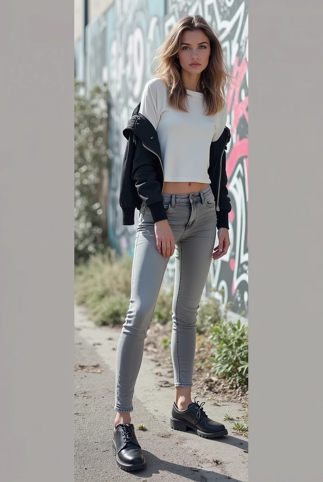a beautiful young woman wearing a white blouse and gray jeans standing in front of a wall with graffiti, extremely tight black pants, close up to a skinny, thin waist and wide hips, belly out, full body photo, usando um top cropped sexy, wearing pants, half body cut, 2 Female model, skin-tight outfit, pose casual