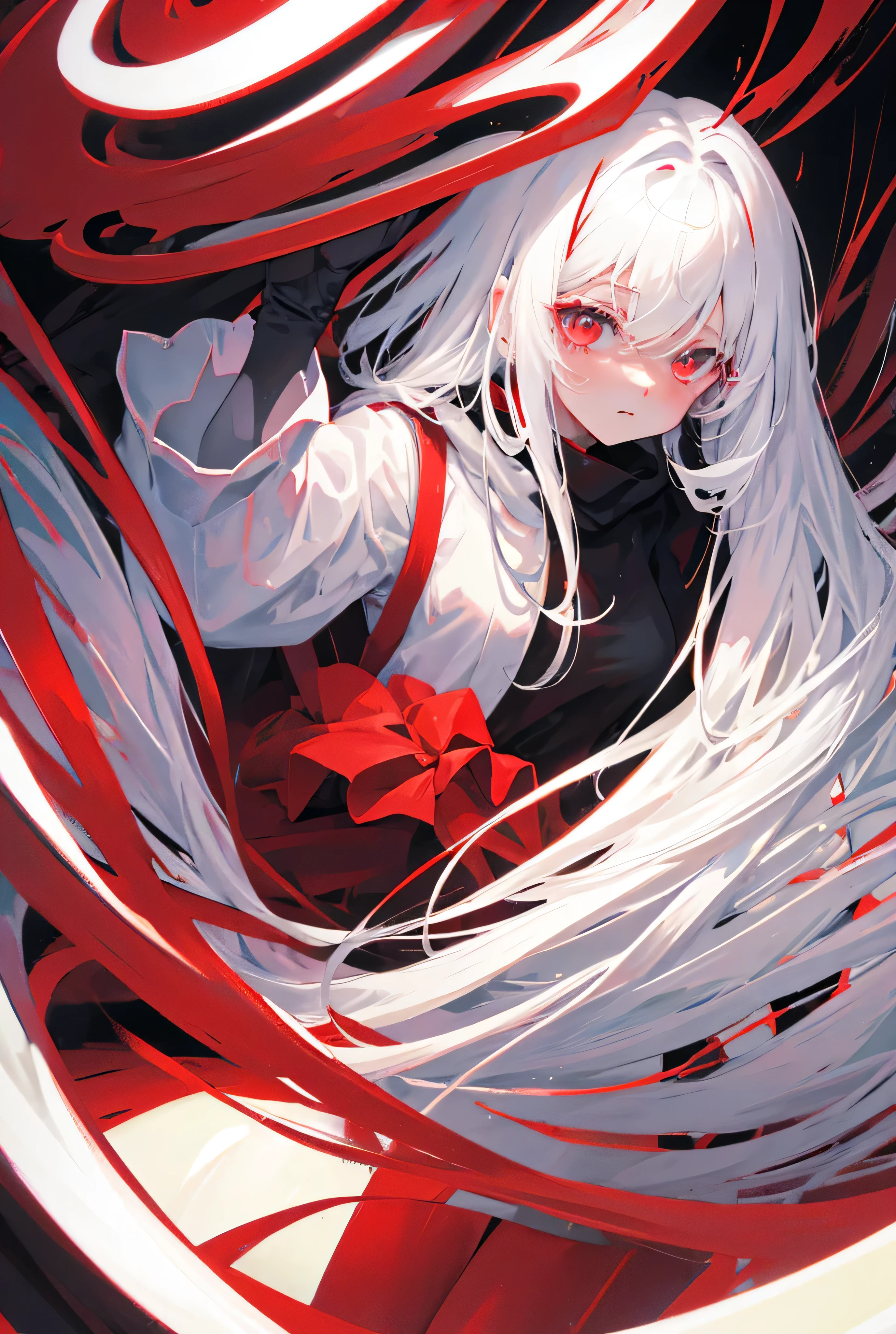 One person, High resolution, Simple Background, Anatomically correct, 最high quality, masterpiece, high quality, Very detailed, White Hair, Gradient color hairstyle, Straight Hair, Open your eyes, Gradient eyes, Double teeth, ribbon, Illustration, Character Design, Gaze, High-resolution model, detail, 高いdetail, Braided topknot, Bangs in the same direction, Red eyes, Character portrait, Animal shaped hood, Simple Background, school uniform, One person, Long Hair, Anatomically correct,