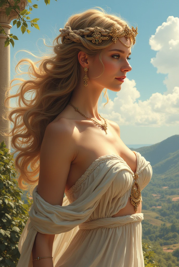 a beautiful sensual blonde female, detailed facial features, white silk blouse, body hugging fabric, no bra, elegant pose, sunlit meadow background, warm lighting, high resolution, photorealistic, digital painting