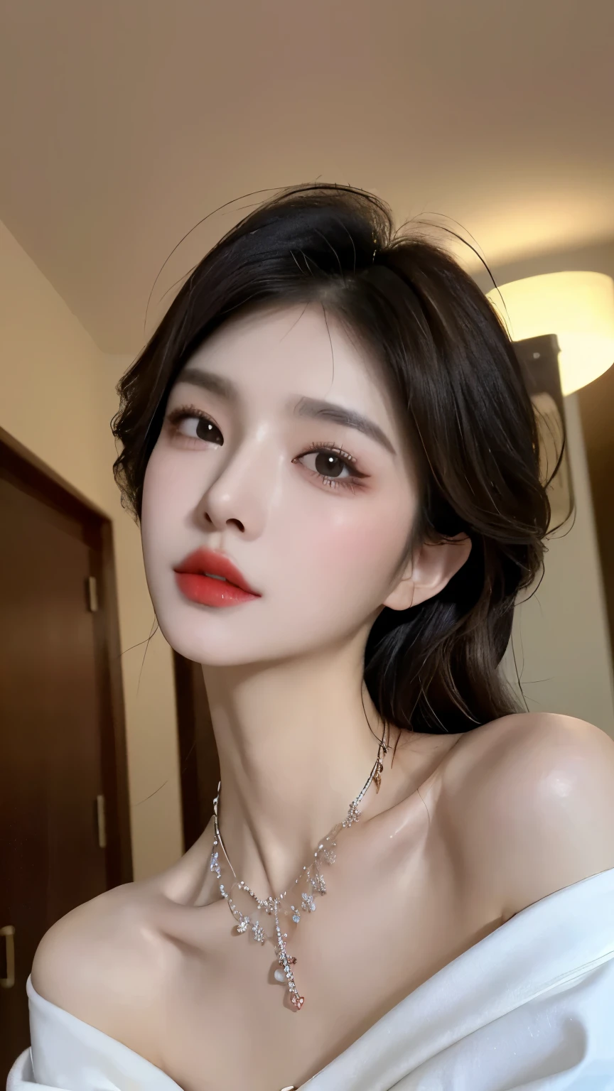 ((Best quality, 8k, Masterpiece :1.3)),      Sharp focus :1.2,       ((korean girl)).    Slender abs :1.2,     ((Beautiful body)),    Make-up face.  lipstick.    Necklace.    ((Brown hair))

(())

Just showing his face.      pretty face.     captivating.     make-up face.      long eyelashes,    center photography