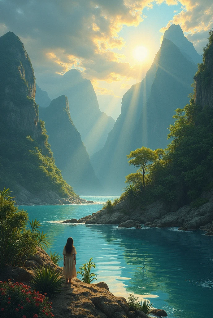 Beautifull naked woman seated by the lake, seen from her back far away
