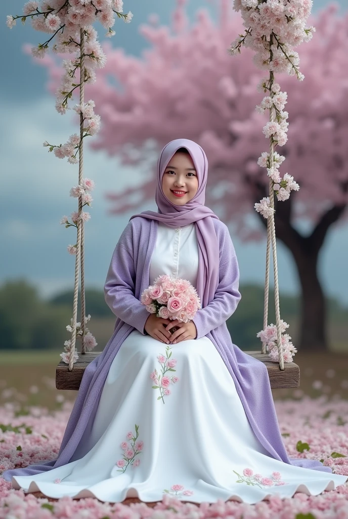 The view is simply amazing,under the flowers, sakura, the beautiful one, a beautiful korean woman, smooth white skin, well-groomed face, wearing pink hijab, wearing pink knit balloon sleeves, trousers, kargo pink, while holding a flower basket containing cherry blossoms, sit back, pose gracefully,Woodland,looking in front of the camera under the blooming cherry blossoms.some flowers fall, left and right of the road are cherry blossom trees in full bloom,and beautiful. The cherry blossom tree looks realistic in the photo. Cherry blossom tree background,Realistic original photo.