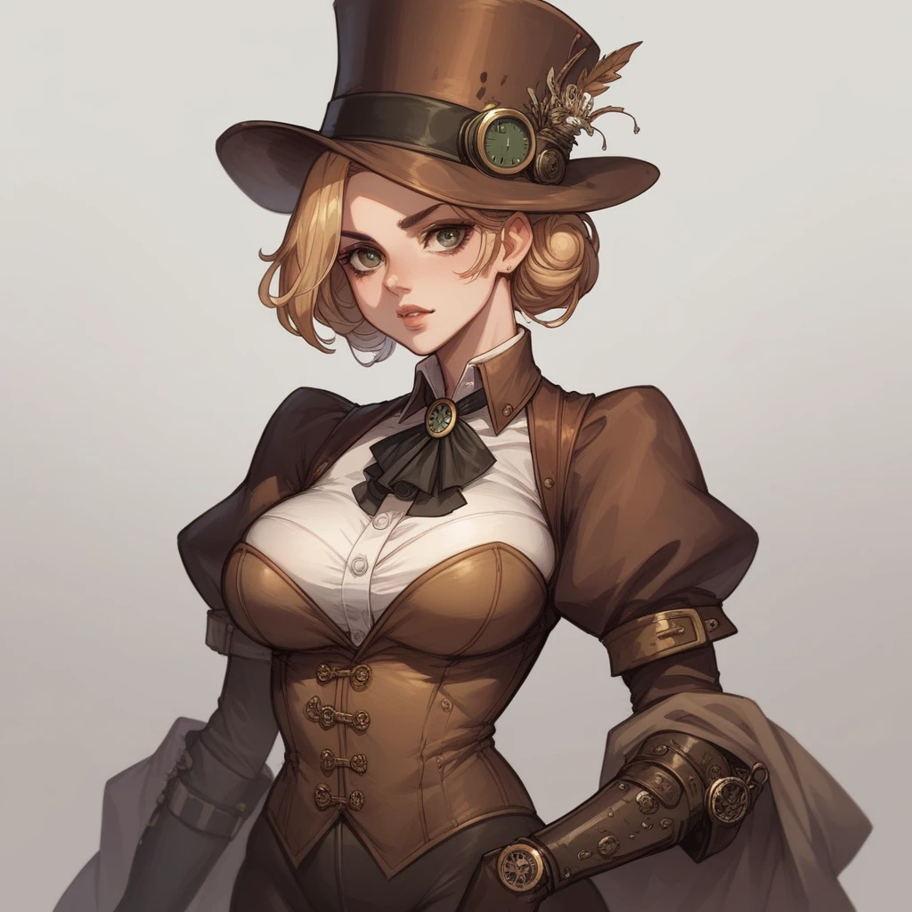 beautiful lady, Alphonse Mucha's style、Top hat、tailcoat, Jacket, tiese, monocle, light reflections, Oil painting, voluminetric lighting,sexy big breasts exposed,Bigchest
