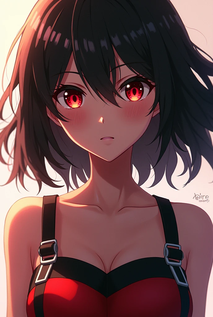 Amazing portrait of a cute goth woman with her short black hair in a bob hairstyle and she's wearing heavy eyeliner around her eyes and she's gazing at you seductively she wears an off shoulder t shirt that is orange and black with black bra straps