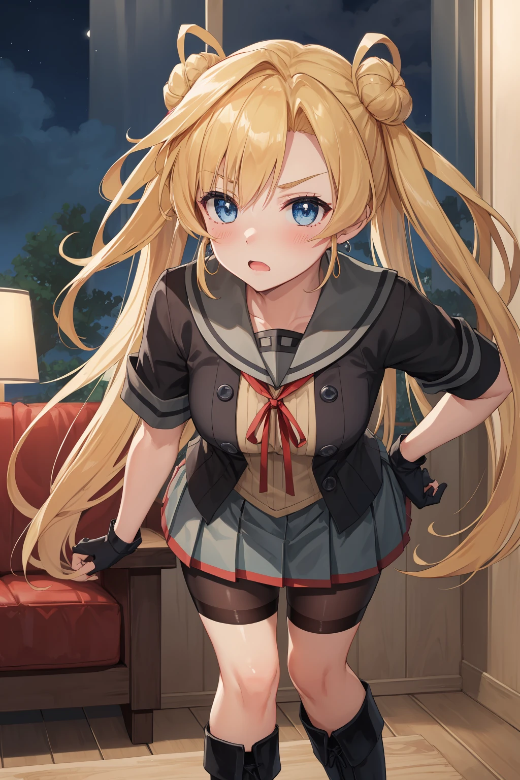 Portrait, official art, best masterpiece, best quality, best resolution, 8K, best detailed, highly detailed hands, highly detailed fingers, very detailed mouth, perfect anatomy, very wide shot, looking at viewer, (dutch angle)
BREAK
(hold your head:1.2), (leaning forward:1.1)
BREAK
abukuma \(kancolle\), blonde hair, long hair, hair bun, hair rings, twintails, blue eyes, school uniform, serafuku, grey sailor collar, red ribbon, neck ribbon, black jacket, short sleeves, black gloves, partially fingerless gloves, pleated skirt, grey skirt, black shorts, bike shorts, shorts under skirt, knee boots, black footwear, 1girl, solo, (small breasts)
BREAK
(blush:1.2), (troubled eyebrows), shy, Sulk, >:(
BREAK
luxurious room, living room, (night, midnight, darkness:1.3), very fine and detailed 16KCG wallpapers