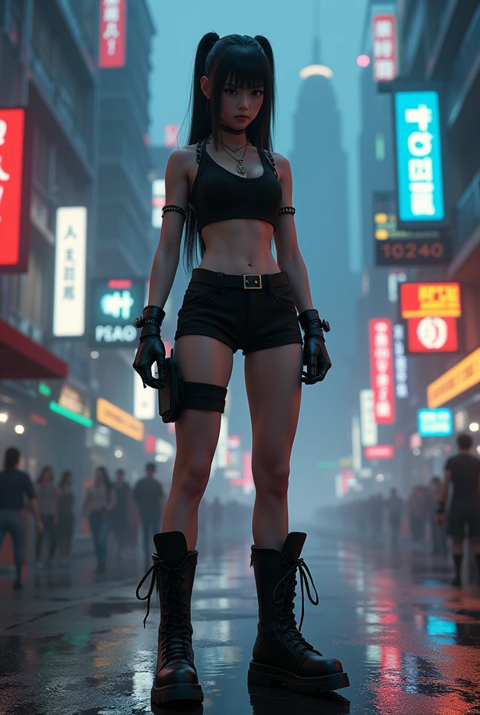 A black sci-fi girl in a short skirt,cropped shirt,tennis,gloves and sunglasses