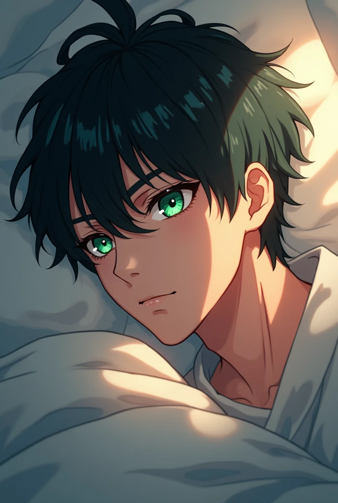 a handsome boy with long wavy black hair, sparkling green eyes, wearing a mess white hanfu, sexy pose on a white bed, anime picture. A Boy
