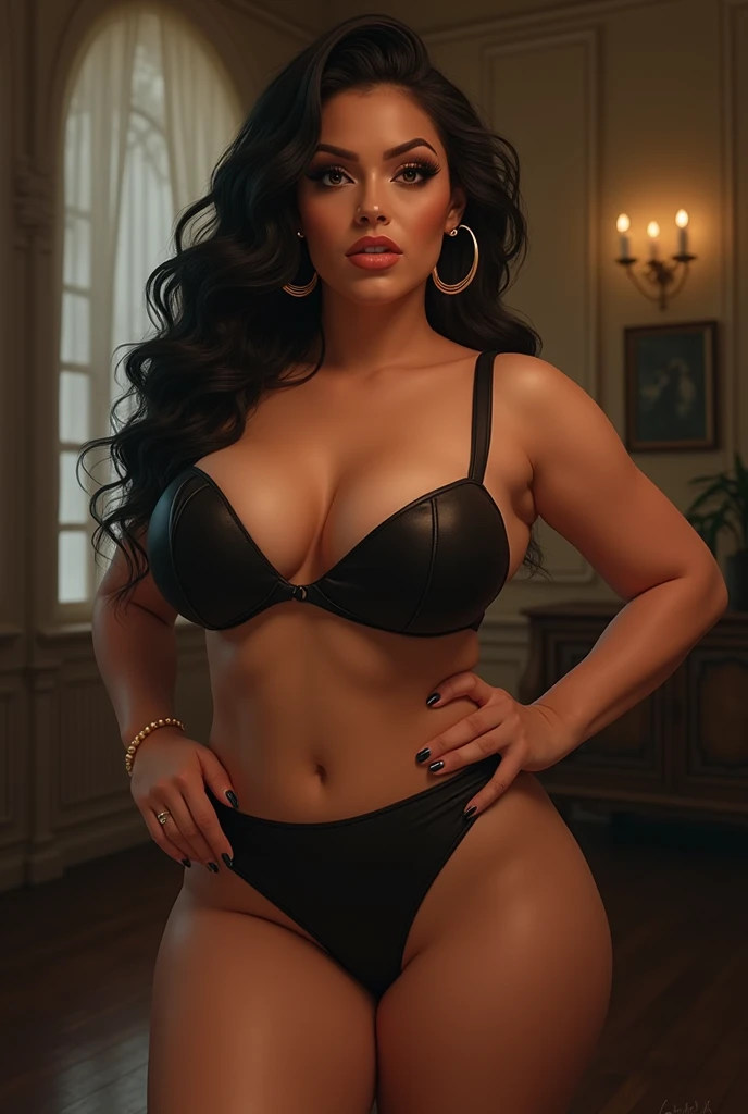 Lisa Ann face, Ryan Conner body, big breasts, big butt, Caucasian curvy, gorgeous, beautiful brunette mid 30s shapely figure sexy wearing black leather short shorts with black tank top and black high heels