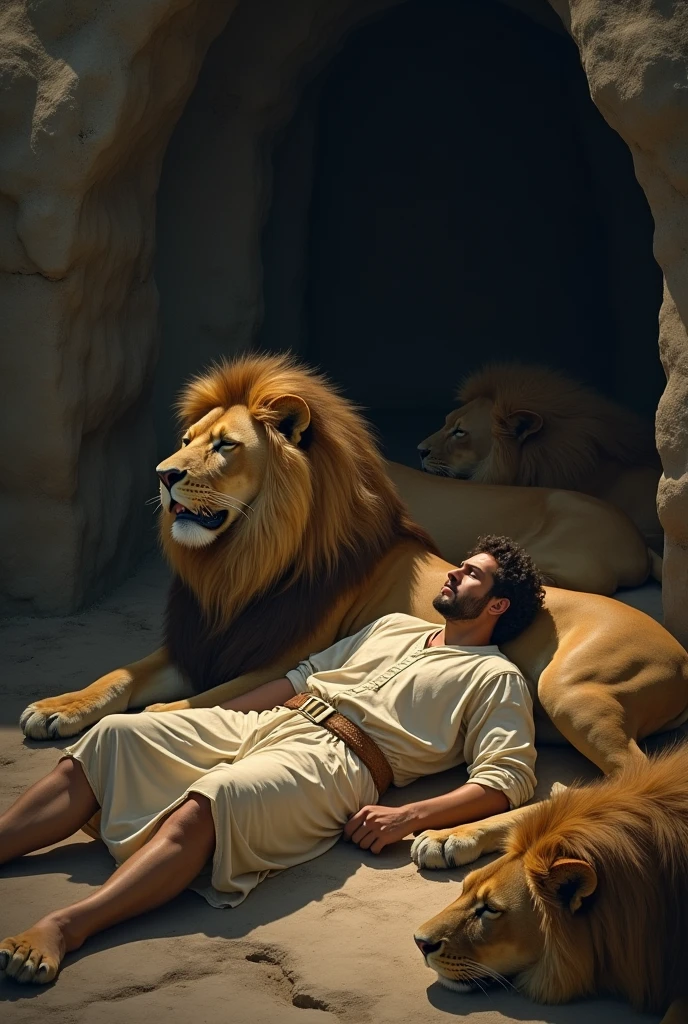 Create an image of a lion and a donkey and a prophet's body lying in the desert