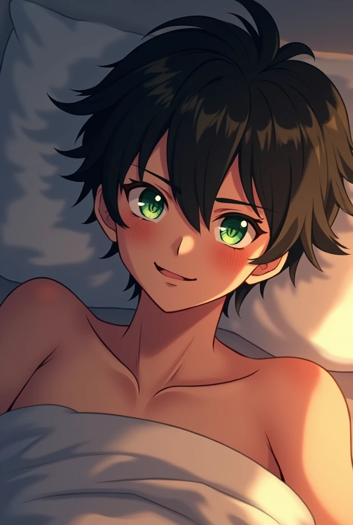 a handsome boy with long wavy black hair, sparkling green eyes, wearing a mess white hanfu, lewd pose on a white bed, in a antique room, blushing and gasping during sex. A anime Boy