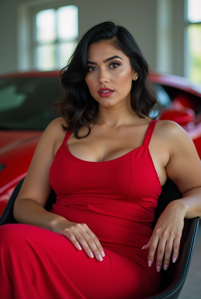 RAW photo, waist up portrait of ingrid Belásquez, venezuelan, a beautiful woman, 18 yo, brunette, wears a Red Gown with red heels, cleavage, (busty) , tanned skin, wonderful straight long black hair, round face, exotic light green eyes, fleshy mouth, thick lips, inocent face, eye contact, facing at viewer, flirting at camera, shallow depth of field, dslr, dim lighting, high quality, film grain, hasselblad, helios 48mm f2, (((8k, best quality, masterpiece:1.2))), DETAILED SKIN SKIN BLEMISH, (realistic, photo-realistic:1.37), Ultra-detailed, a close up of a Melaninated Caramel skin ebony woman with a tattoo,driving a car(((Looks like a mix of Dope celebrity females , Stacy Dash, Aalyah, Maya, Shakira, Ashcash, Danielle Bregoli Bhad Bhabie Hairstyle, Female Rapper Latto, Rubi Rose, RENNI RUCCI Cardi b,Nicky minaji))) 