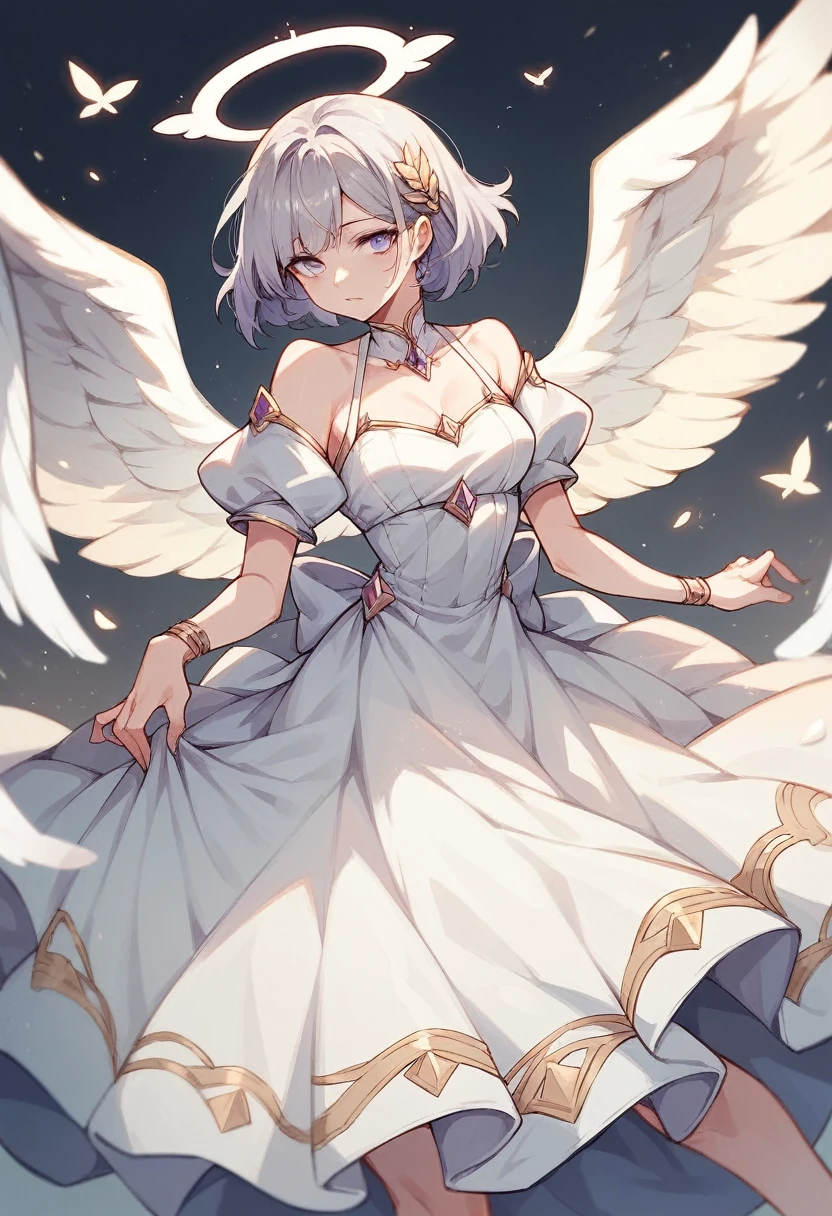 masterpiece, 1 girl, nepdef1, God-like, highest quality, figure, Super detailed, 1 girl, looking at camera, full body figure, detailed hair white flowers, Super detailedなマッチングパープルアイ, full very skimpy wedding dress, cleavage, stunning full background, Are standing, perfect body, short hair, cute, cute, shiny skin, smile, angel wings, sexy