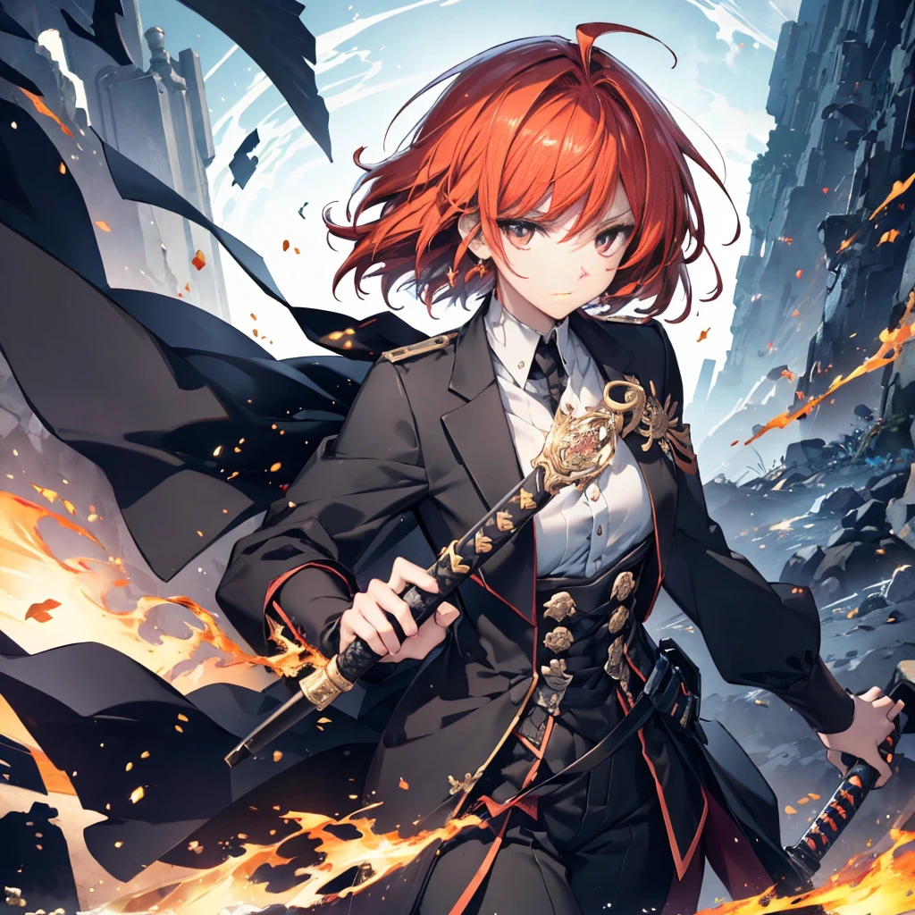 ((masterpiece, Highest quality, 8k)), handsome male, 180cm tall, androgynous beauty, sharp gold eyes, short messy flame-red hair, medium build, ethereal appearance, wearing a disheveled black dress shirt with rolled-up sleeves, black skinny pants, holding a katana, sword master, twilight sky background, reflective water surface, detailed anime style illustration, intense expression with slight smile, hidden power aura, fire and sparks swirling around the character