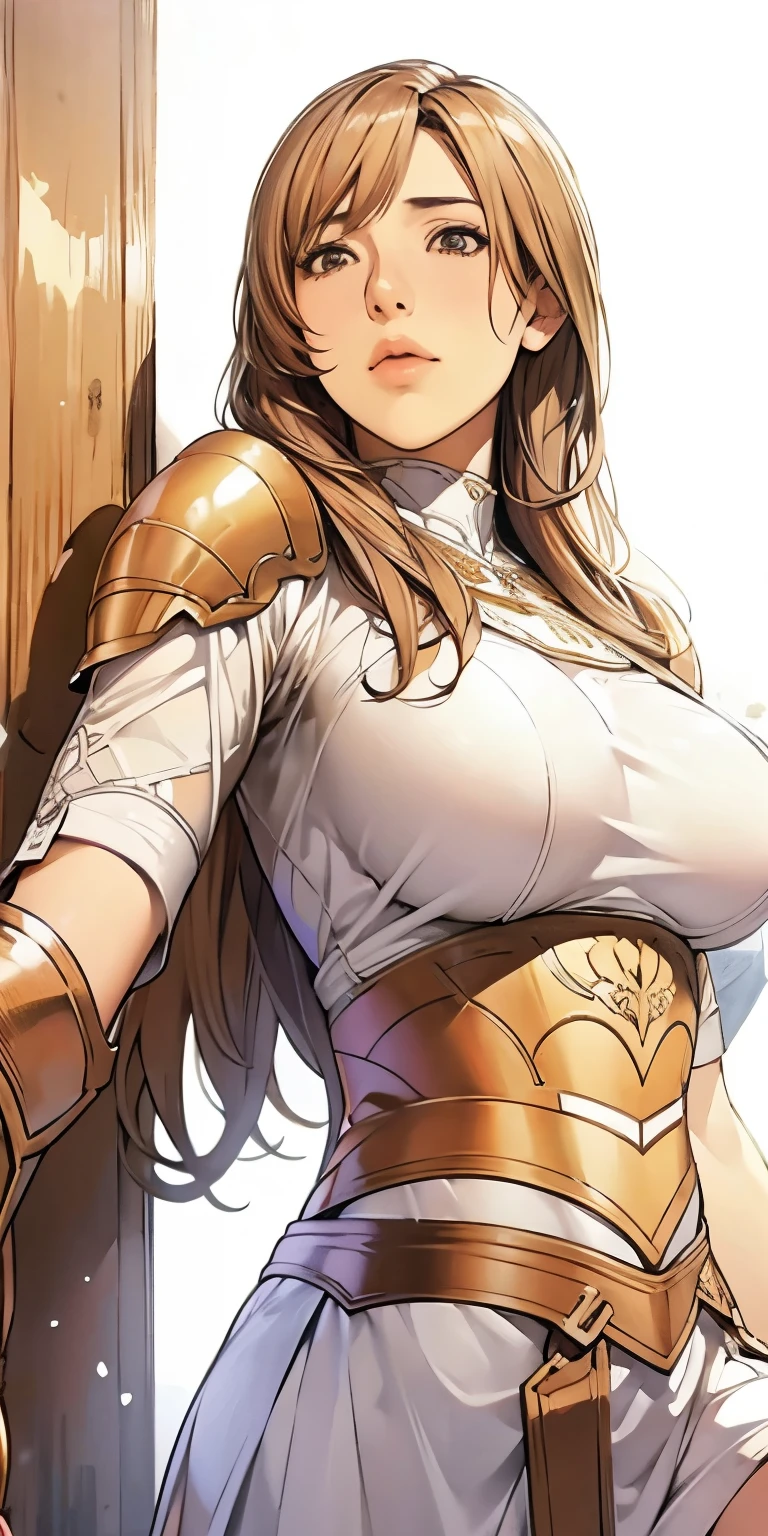 1girl,big breast,brown hair,white and brown clothes,armor, ultra detailed, masterpiece, realistic