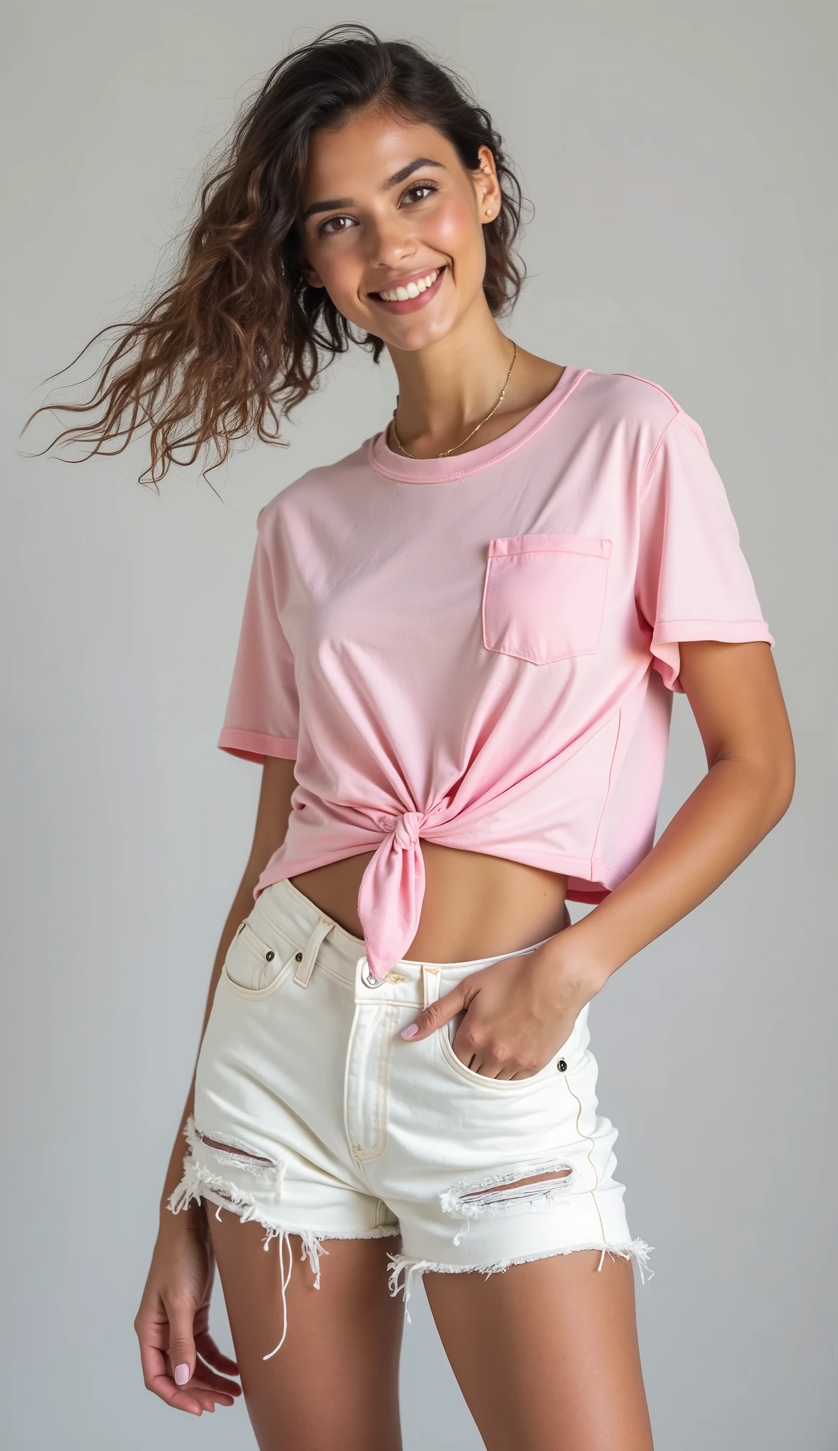 A woman in white shorts and a pink shirt stands, com corte rasgado t - camisa, topo de corte, Back view, back view also, camisa rosa, rear facing, Backview, Topo de colheita, voltar - ver, rosa pastel, view of the back, rosa desbotado, rosa claro, Costas - Tiro, recortar, midriff exposto, tiro longo das costas