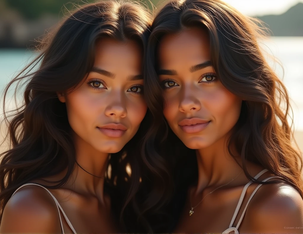 (masterpiece, best quality:1.2), close-up portrait of 2 very young girls,bare naked, nude body, necklace, bracelet, earrings, messy hair , standing on a tropical beach, sharing a romantic moment, smiling gaze at camera