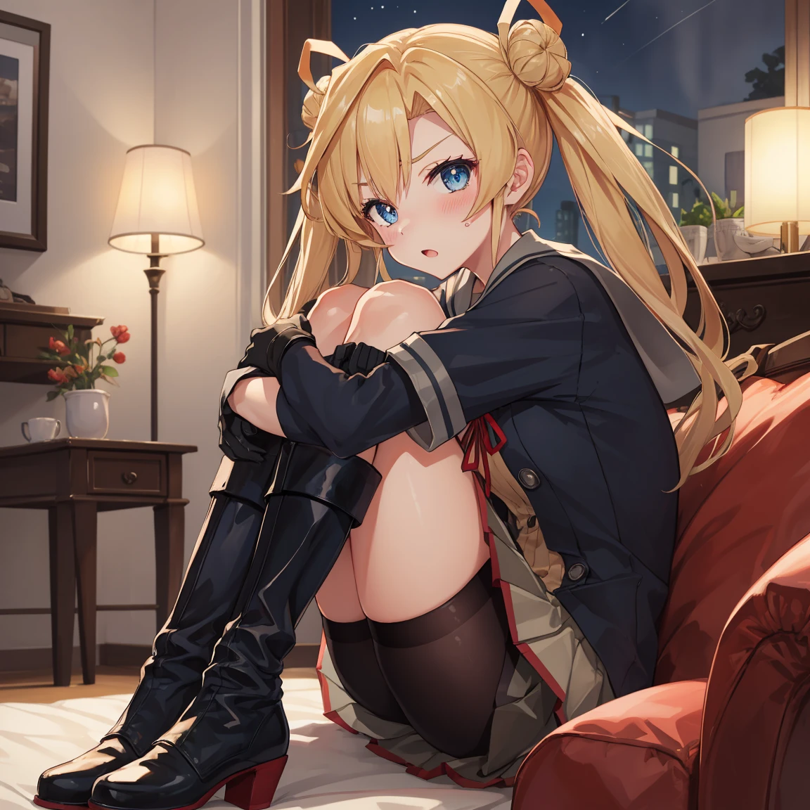 Portrait, official art, best masterpiece, best quality, best resolution, 8K, best detailed, highly detailed hands, highly detailed fingers, very detailed mouth, perfect anatomy, very wide shot, looking at viewer, (dutch angle)
BREAK
Low table, tea set, sofa, (sitting, hugging own legs:1.2), (tilted head)
BREAK
abukuma \(kancolle\), blonde hair, long hair, hair bun, hair rings, twintails, blue eyes, school uniform, serafuku, grey sailor collar, red ribbon, neck ribbon, black jacket, short sleeves, black gloves, partially fingerless gloves, pleated skirt, grey skirt, black shorts, bike shorts, shorts under skirt, knee boots, black footwear, 1girl, solo, (small breasts)
BREAK
(blush:1.2), (troubled eyebrows), shy, Sulk, >:(
BREAK
luxurious room, living room, (night, midnight, darkness:1.3), very fine and detailed 16KCG wallpapers