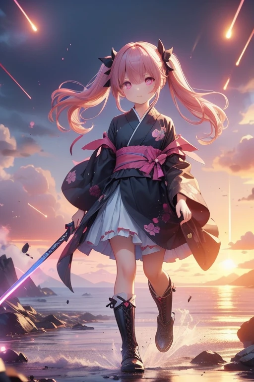 A petite girl with a Western look and beautiful features.　Pink hair in twin tails　Raising a pink shining sword　Black yukata with black frills　Dark brown boots　Covered in blood　The backlight makes it hard to see her expression, but her eyes are shining.々and shining