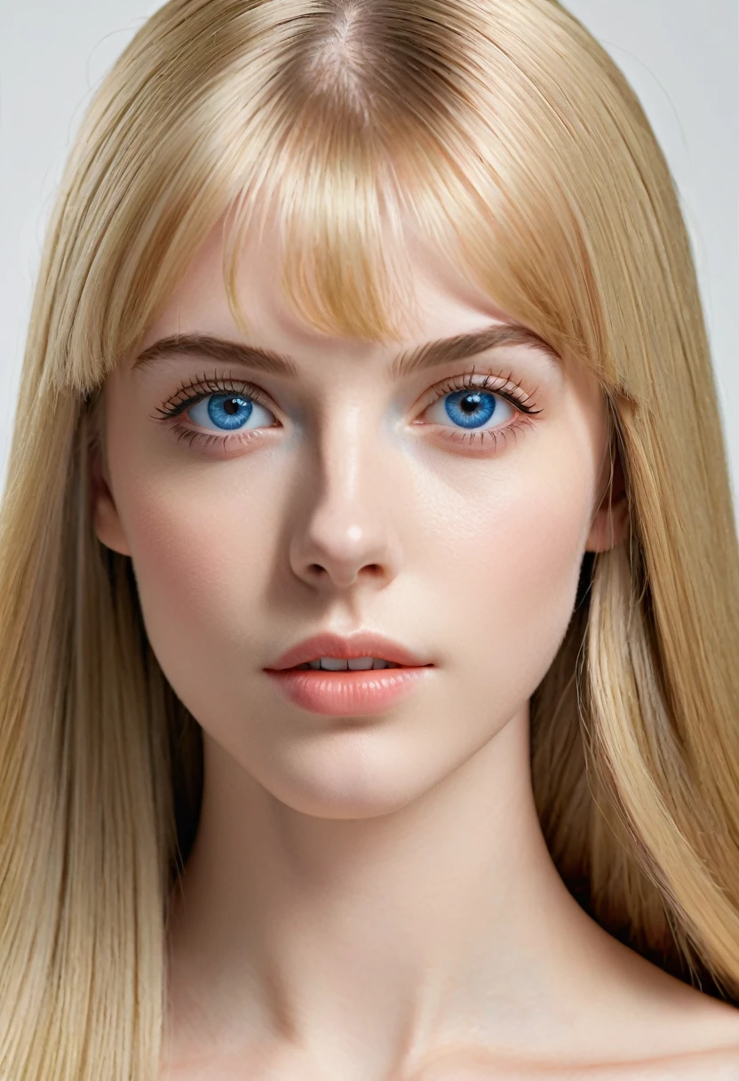 Realism, UHD, masterpiece, accurate, anatomically correct, 16k, best quality, (teenage), a girl, (blonde) long straight hair, (inspired) bangs, pale skin, (clear skin), upturned big eyes, (sparkling blue eyes), ultra detailed face, (straight) thin eyebrows, upturned nose, healthy cheeks, closed mouth, calm